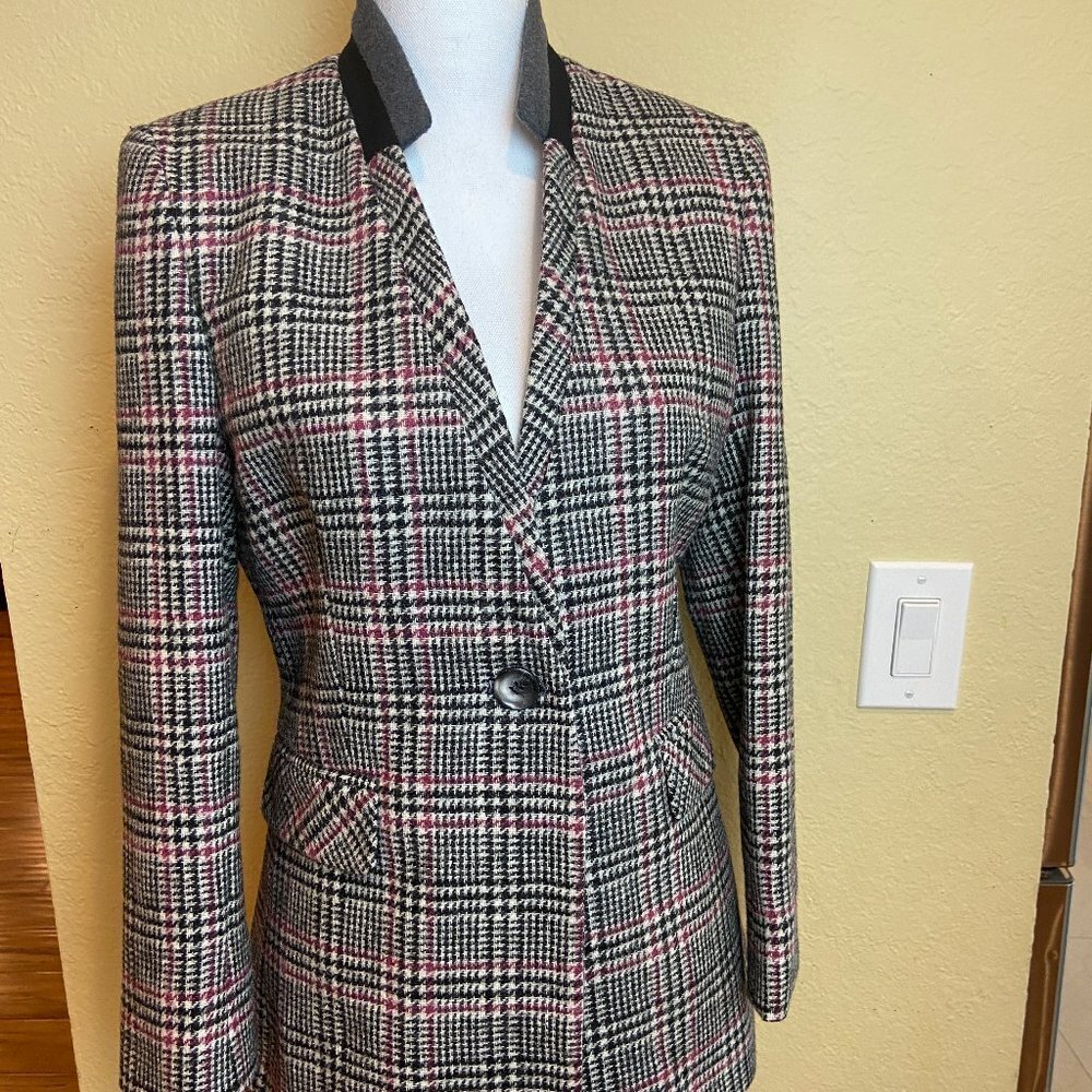 Helene London Black Pink Plaid Herringbone Tweed Wool Notch Collar Blazer